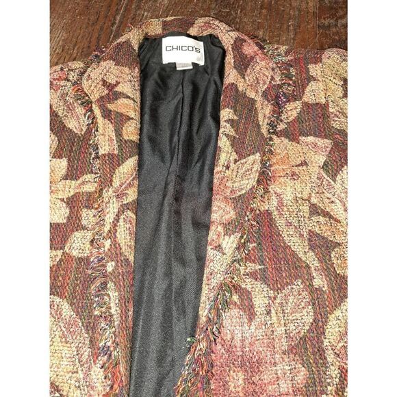 Small Size 4 Chicos 0 Tweed Fringe Lined Long Sleeve Silk Open Jacket Blazer - Picture 4 of 6